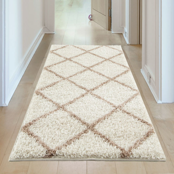 Diamond Design Thick Shaggy Area Rugs Ivory Beige
