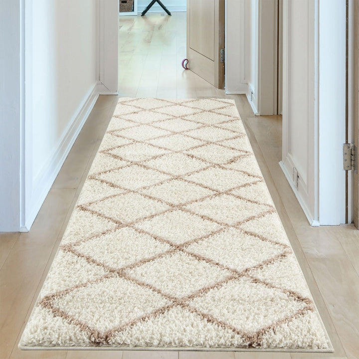 Diamond Design Thick Shaggy Area Rugs Ivory Beige