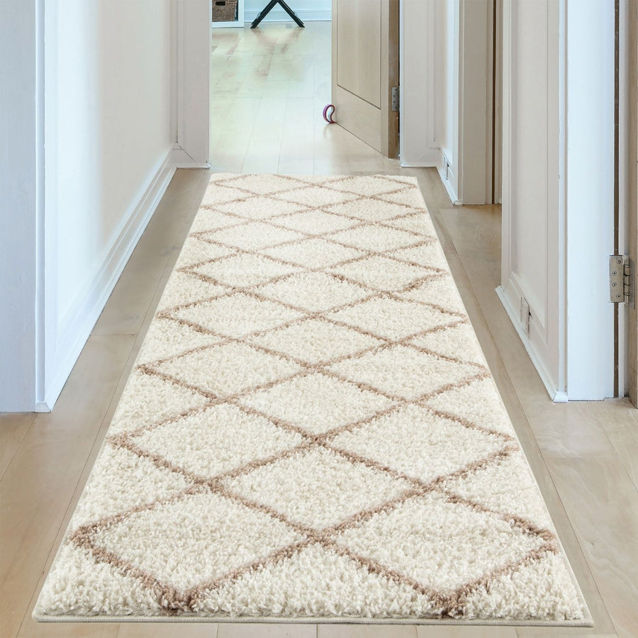 Diamond Design Thick Shaggy Area Rugs Ivory Beige | The Rugs