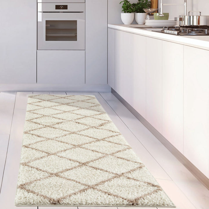 Diamond Design Thick Shaggy Area Rugs Ivory Beige