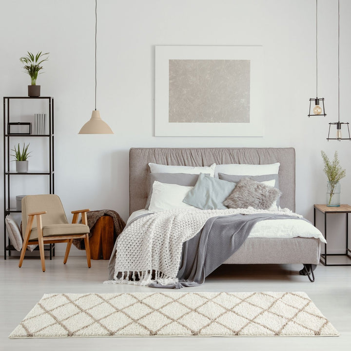 Diamond Design Thick Shaggy Area Rugs Ivory Beige