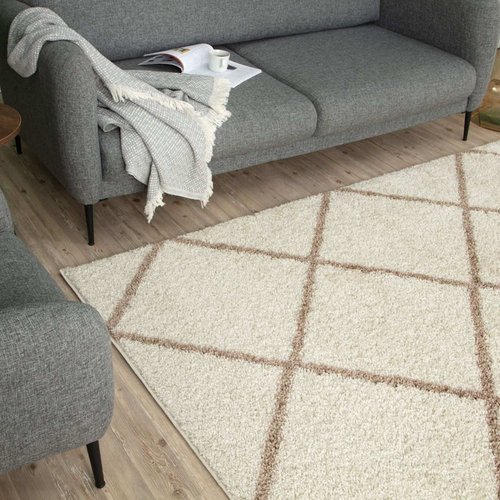 Diamond Design Thick Shaggy Area Rugs Ivory Beige