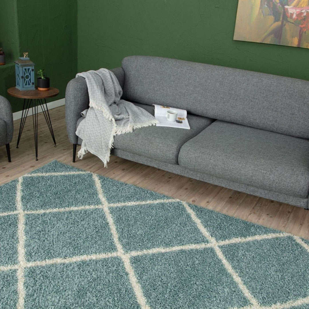 Diamond Design Thick Shaggy Area Rugs Duck Egg Blue