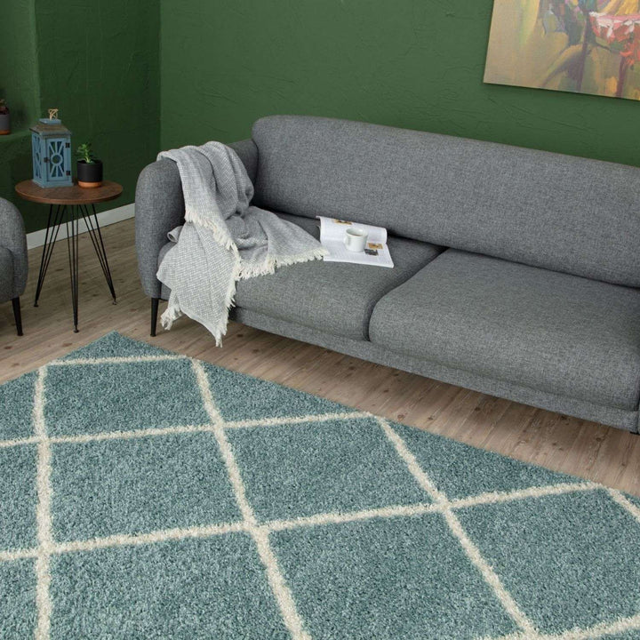 Diamond Design Thick Shaggy Area Rugs Duck Egg Blue