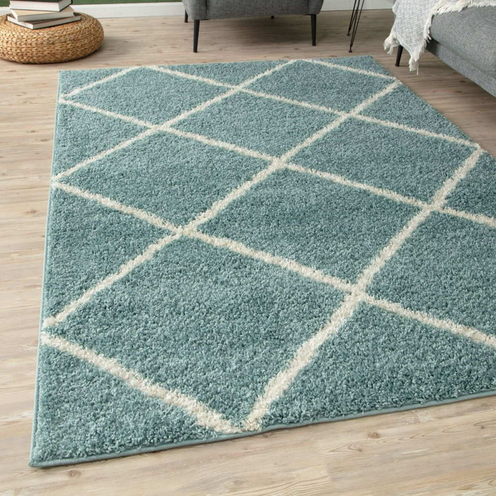 Diamond Design Thick Shaggy Area Rugs Duck Egg Blue