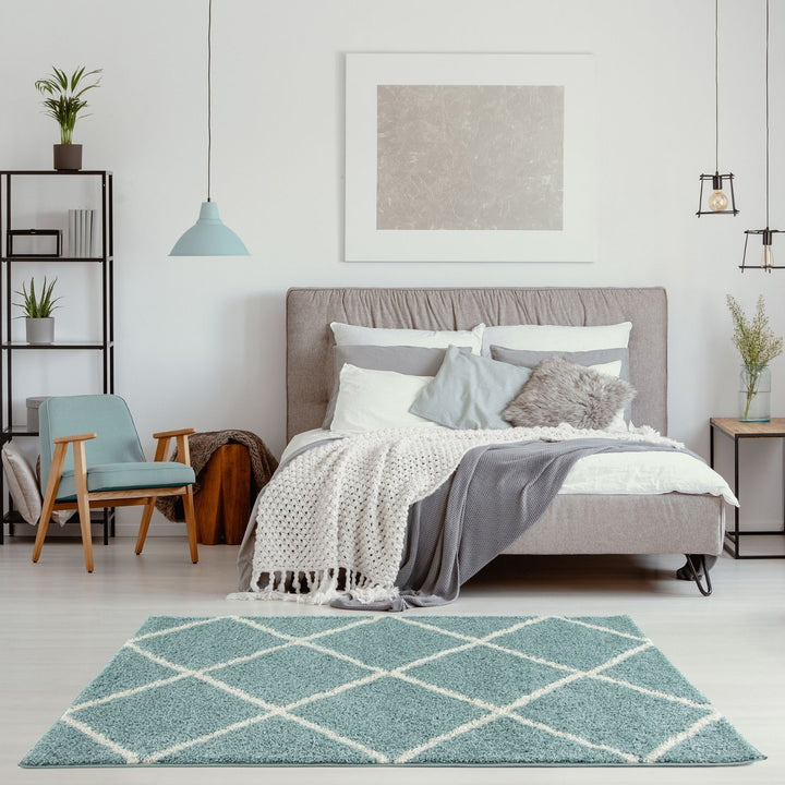 Diamond Design Thick Shaggy Area Rugs Duck Egg Blue