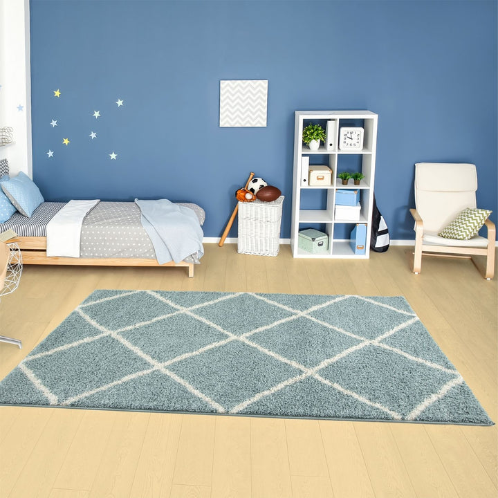 Diamond Design Thick Shaggy Area Rugs Duck Egg Blue