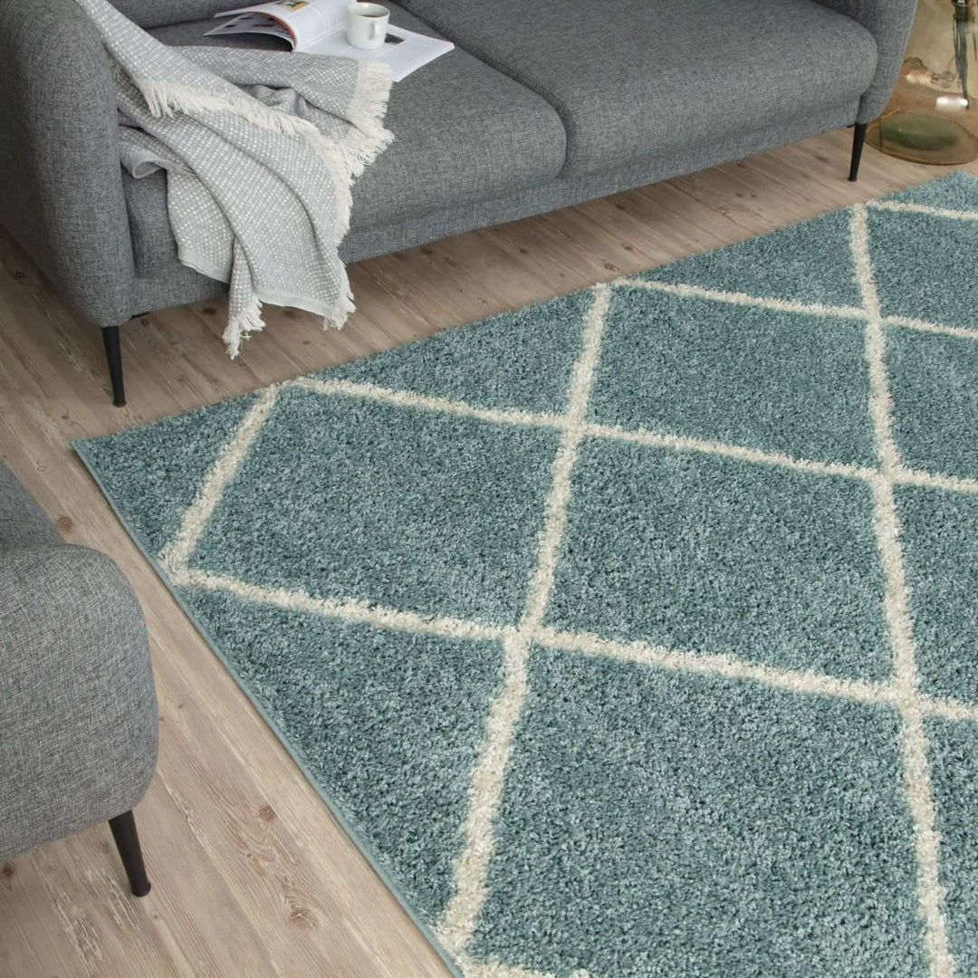 Diamond Design Thick Shaggy Area Rugs Duck Egg Blue