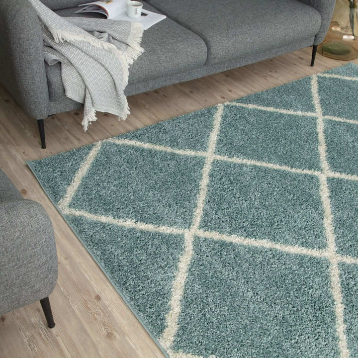 Diamond Design Thick Shaggy Area Rugs Duck Egg Blue