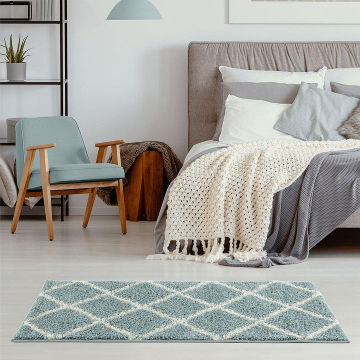 Diamond Design Thick Shaggy Area Rugs Duck Egg Blue