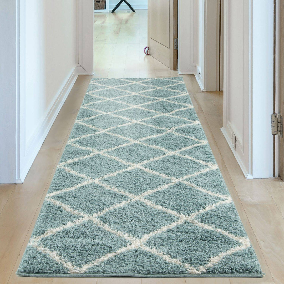 Diamond Design Thick Shaggy Area Rugs Duck Egg Blue