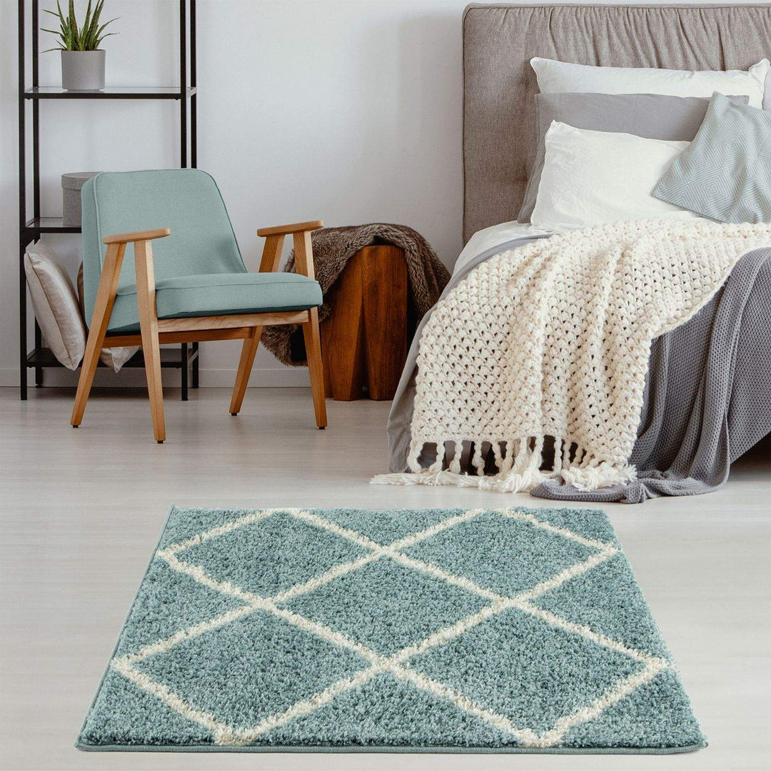 Diamond Design Thick Shaggy Area Rugs Duck Egg Blue