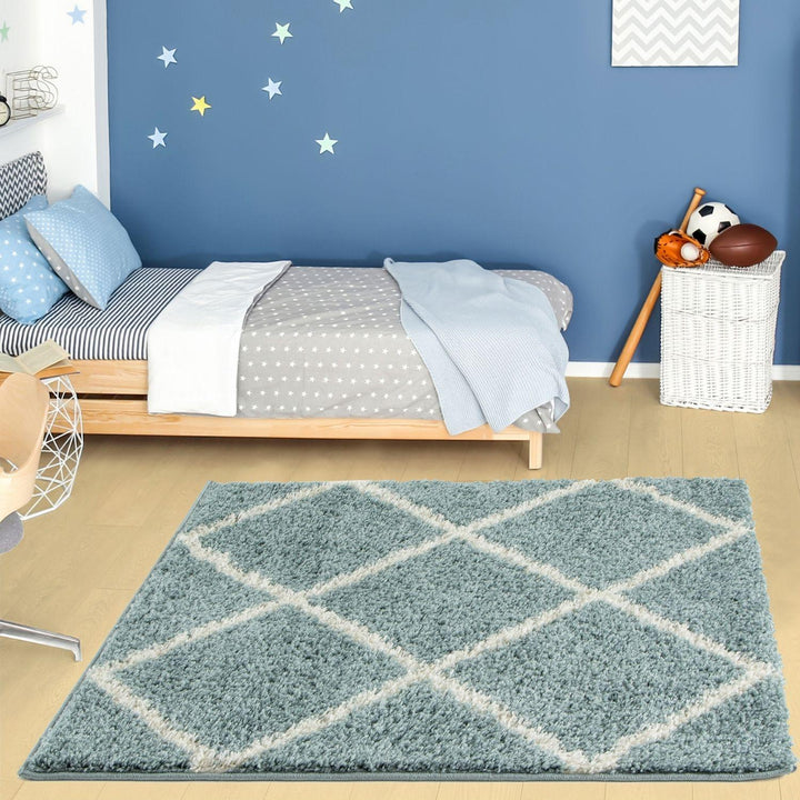 Diamond Design Thick Shaggy Area Rugs Duck Egg Blue