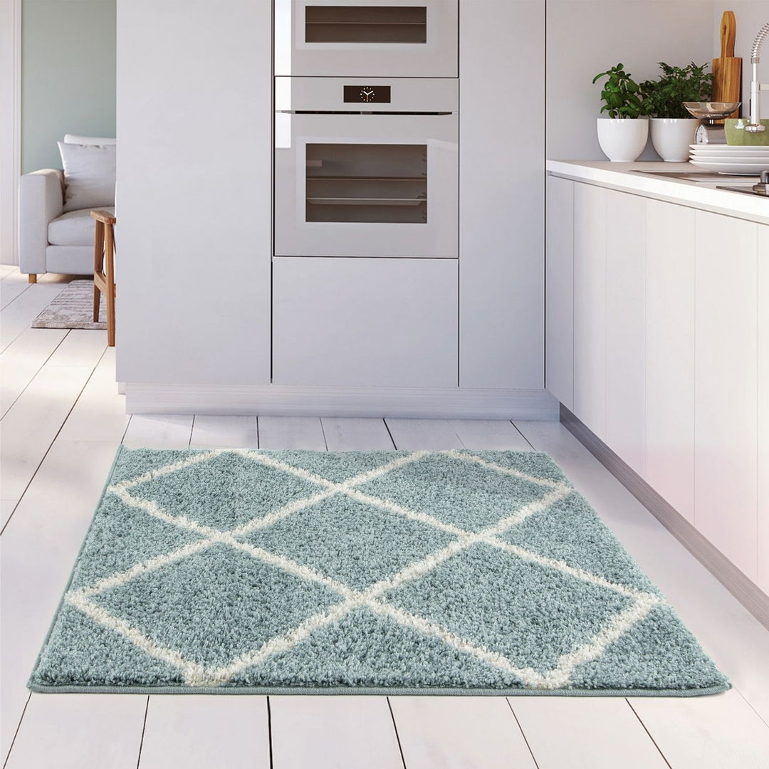 Diamond Design Thick Shaggy Area Rugs Duck Egg Blue