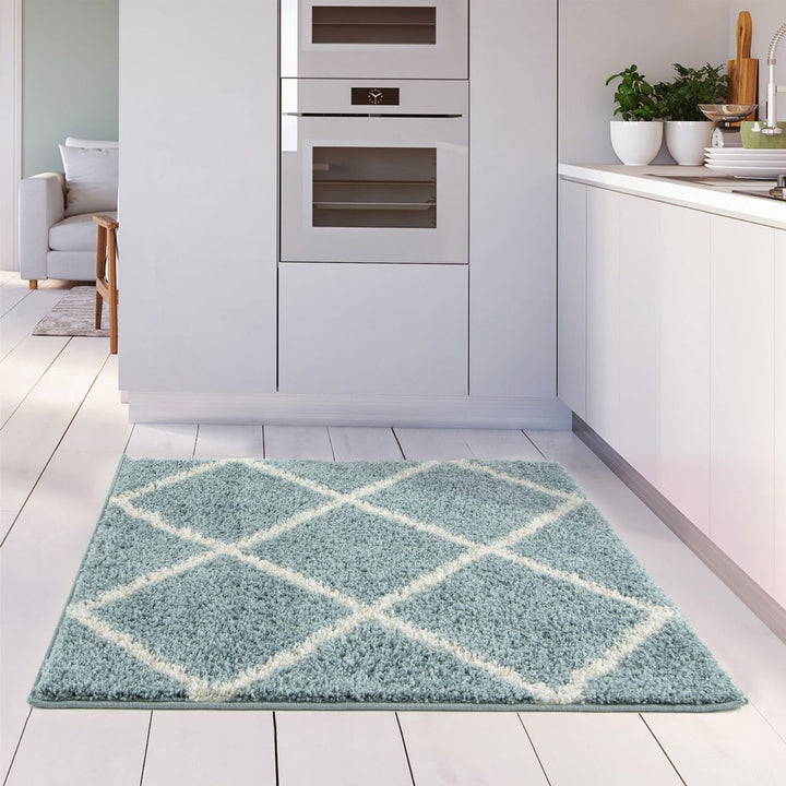 Diamond Design Thick Shaggy Area Rugs Duck Egg Blue