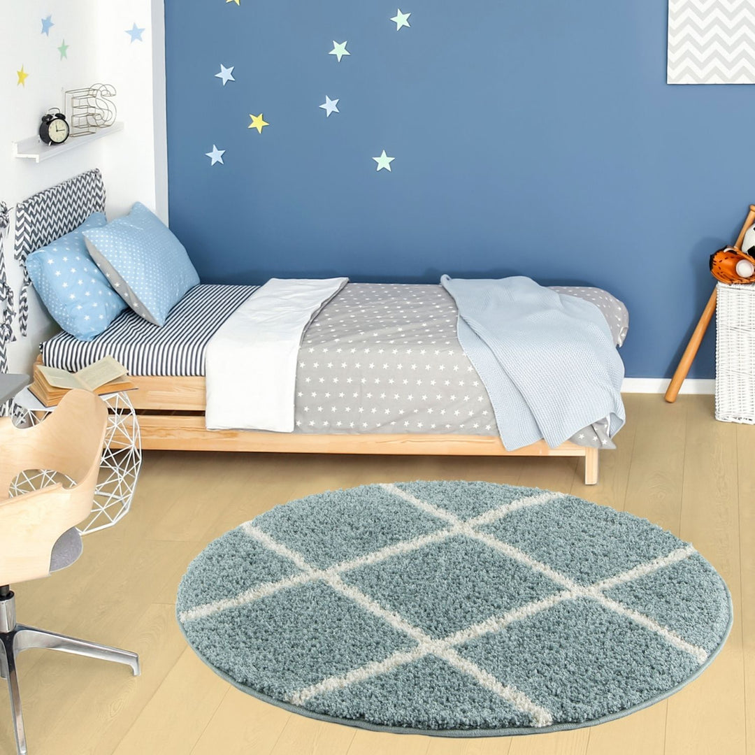 Diamond Design Thick Shaggy Area Rugs Duck Egg Blue