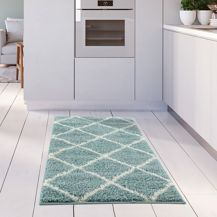 Diamond Design Thick Shaggy Area Rugs Duck Egg Blue
