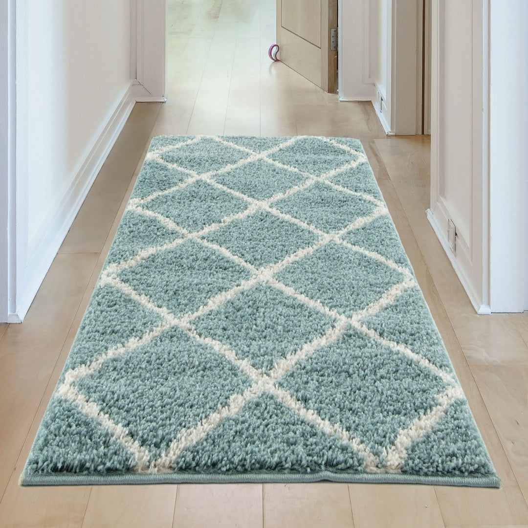Diamond Design Thick Shaggy Area Rugs Duck Egg Blue
