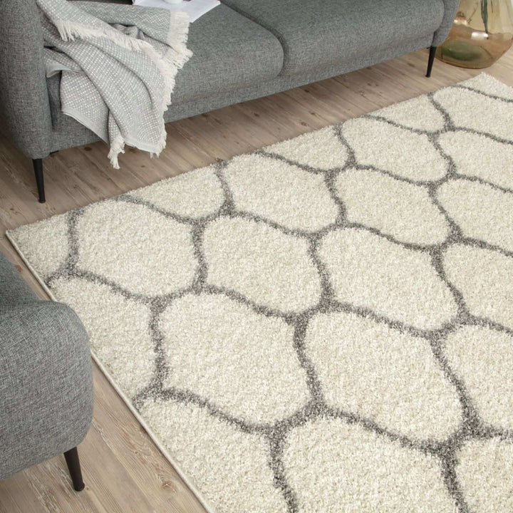 Trellis Design Thick Shaggy Area Rugs Ivory