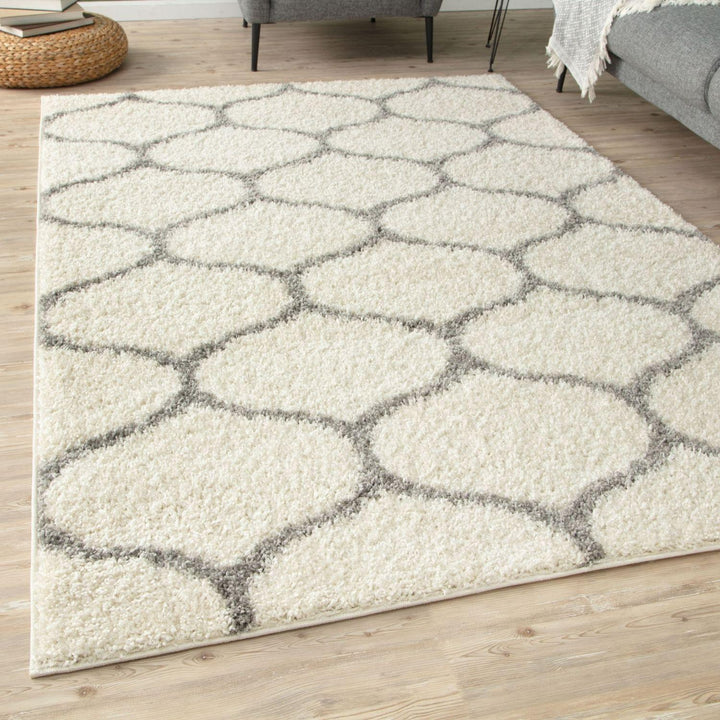 Trellis Design Thick Shaggy Area Rugs Ivory
