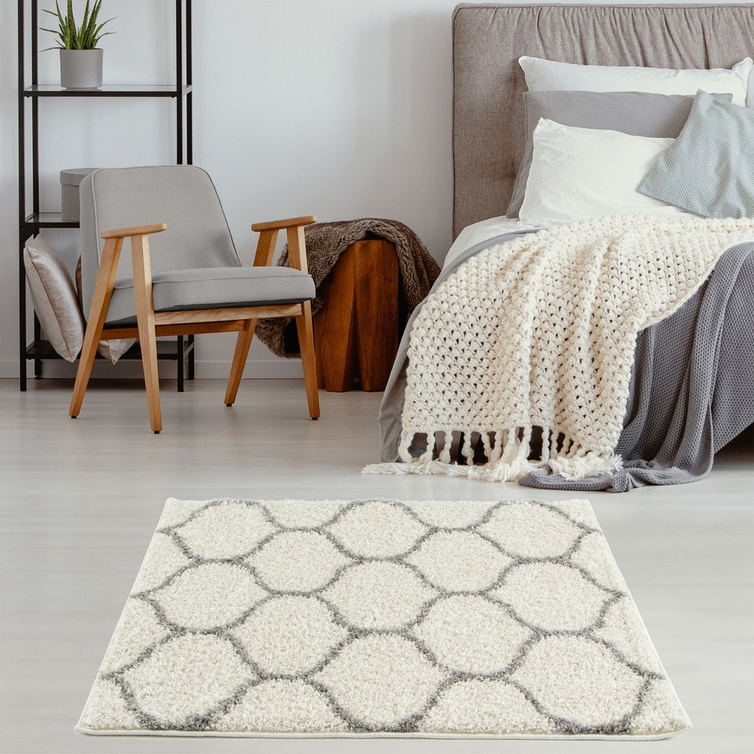 Trellis Design Thick Shaggy Area Rugs Ivory