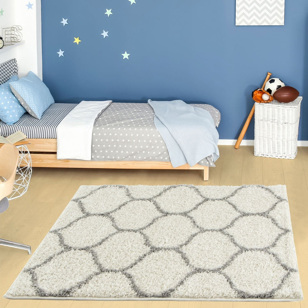 Trellis Design Thick Shaggy Area Rugs Ivory
