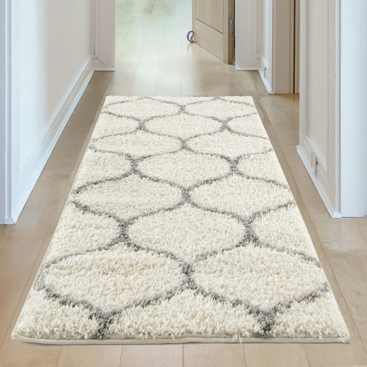 Trellis Design Thick Shaggy Area Rugs Ivory