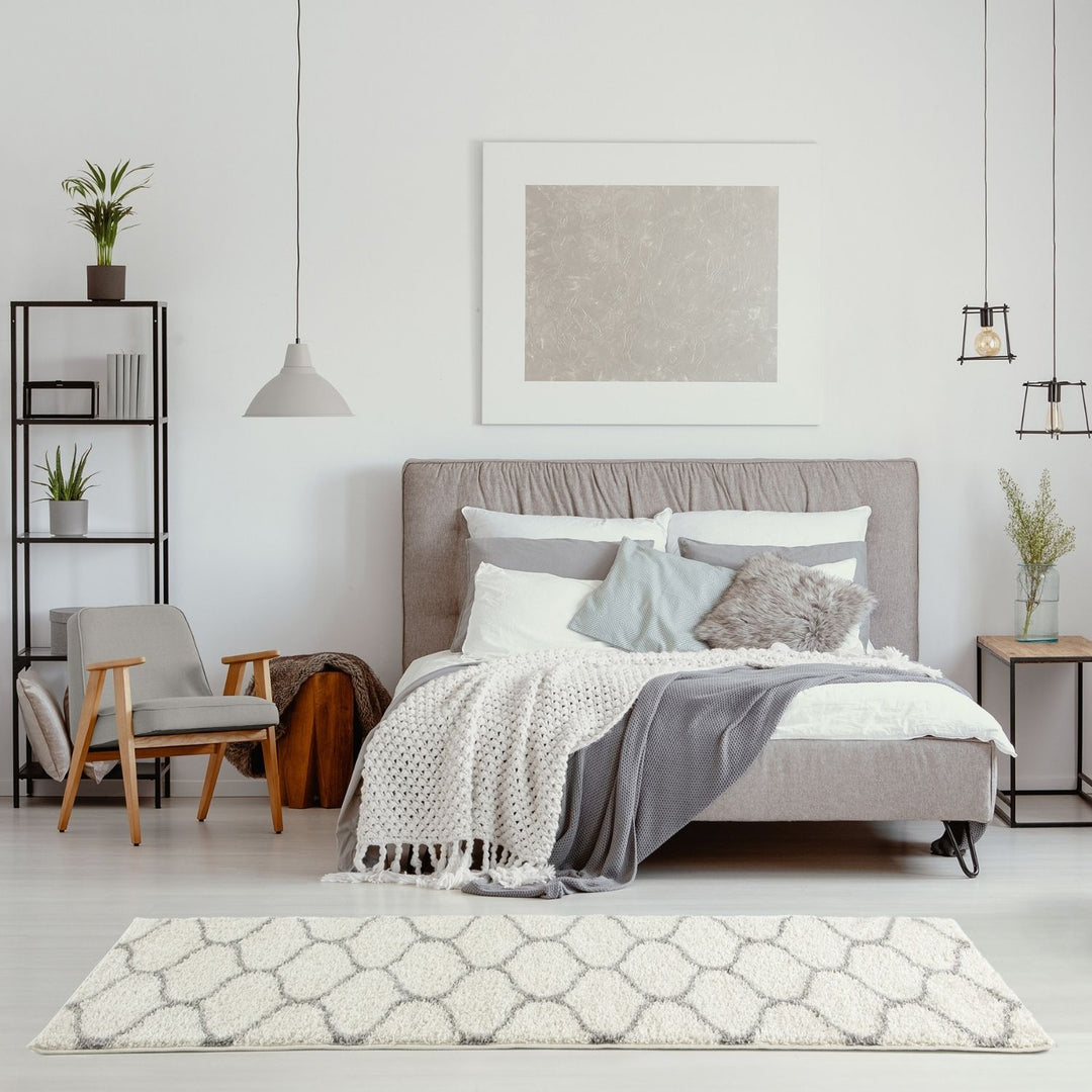 Trellis Design Thick Shaggy Area Rugs Ivory