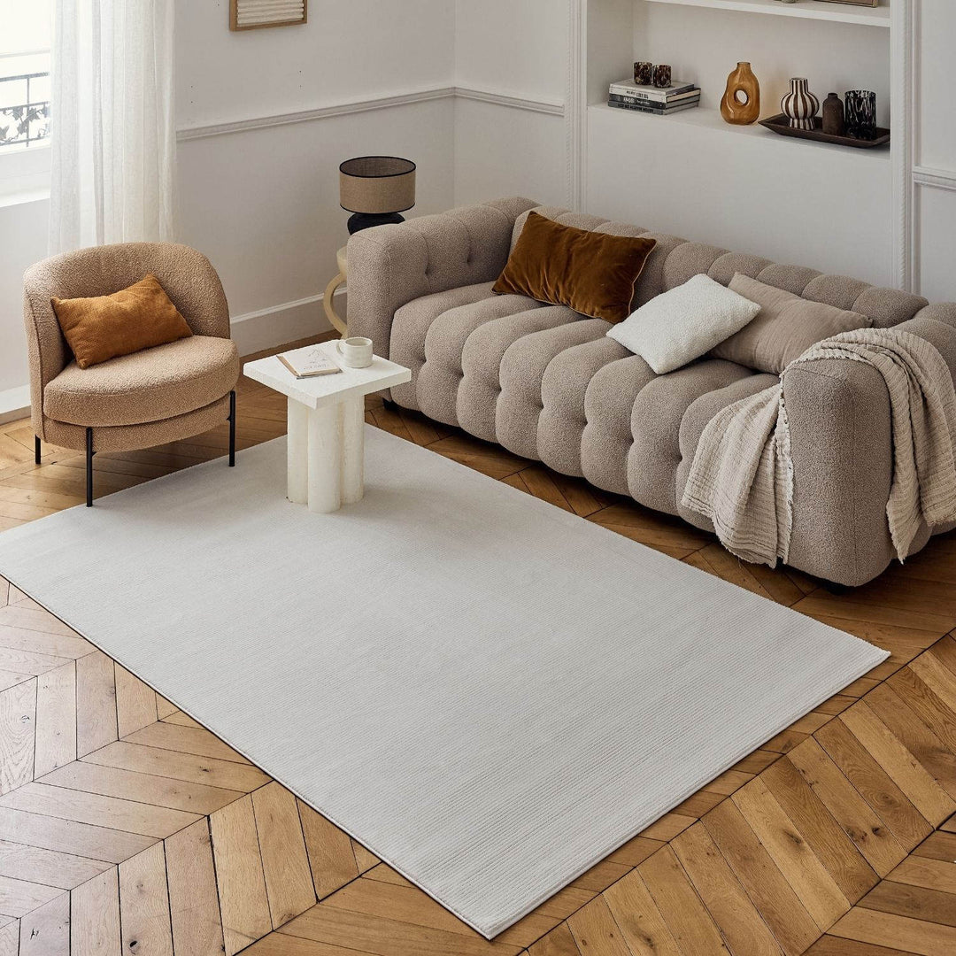 cream colour, striped design, stain-resistant, Cosy comfort rug.