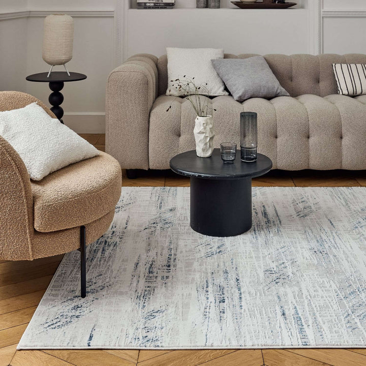 abstract rug, blue-cream colours, anti-allergic, and non-static properties