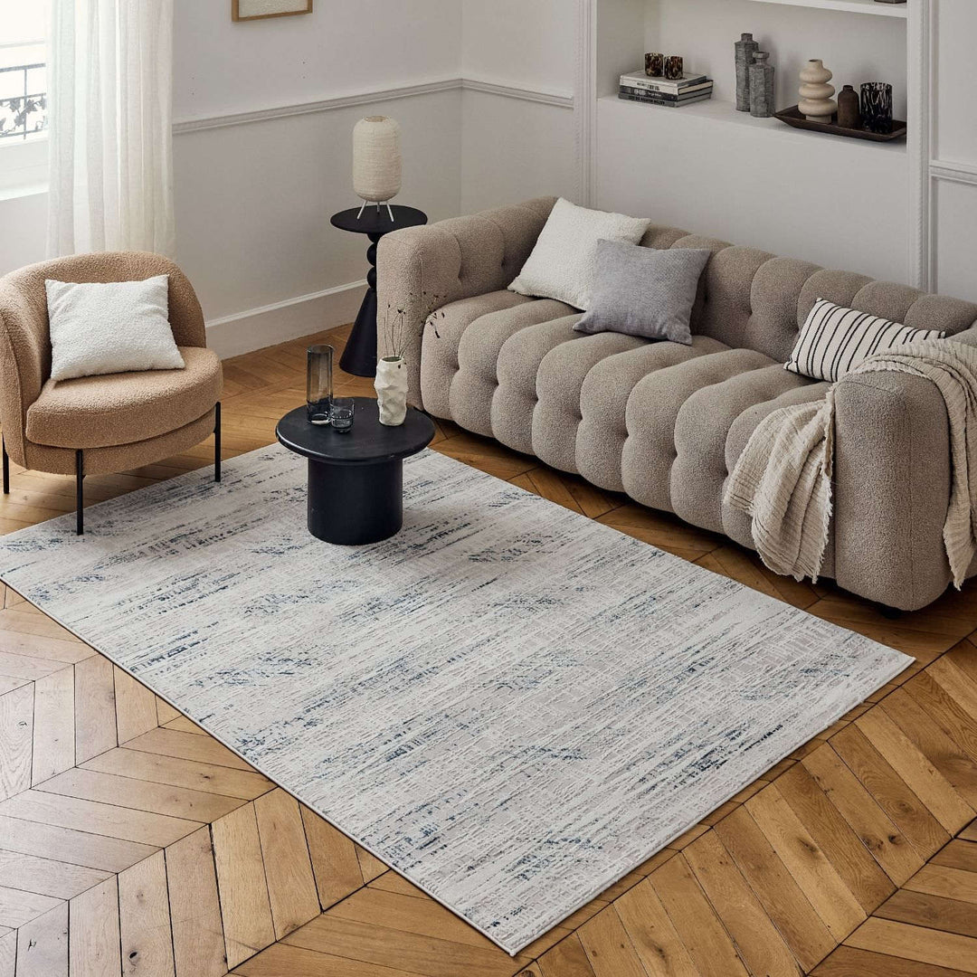 abstract rug, blue-cream colours, anti-allergic, and non-static properties