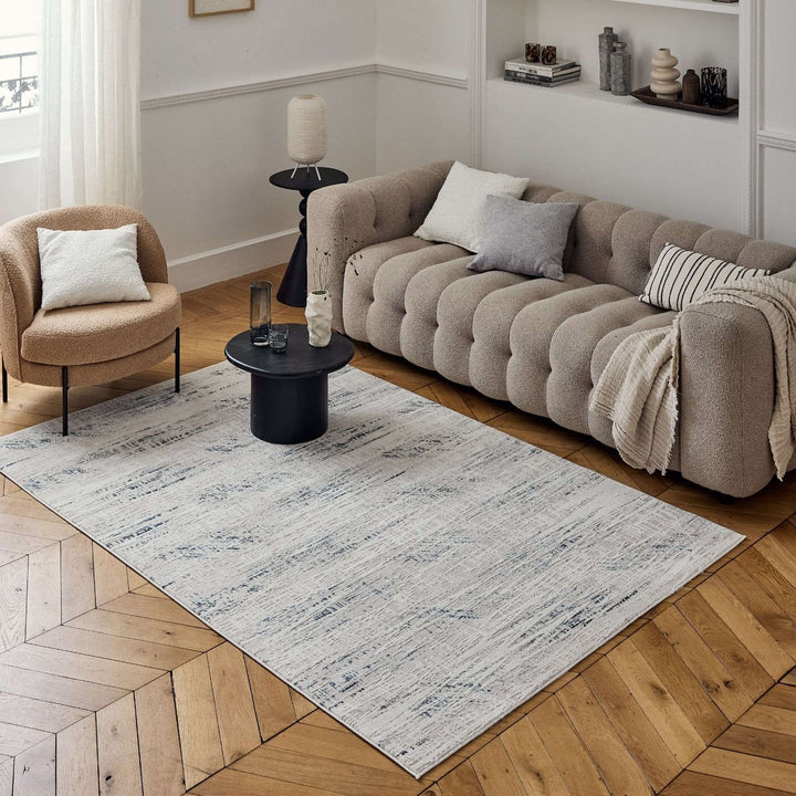 abstract rug, blue-cream colours, anti-allergic, and non-static properties