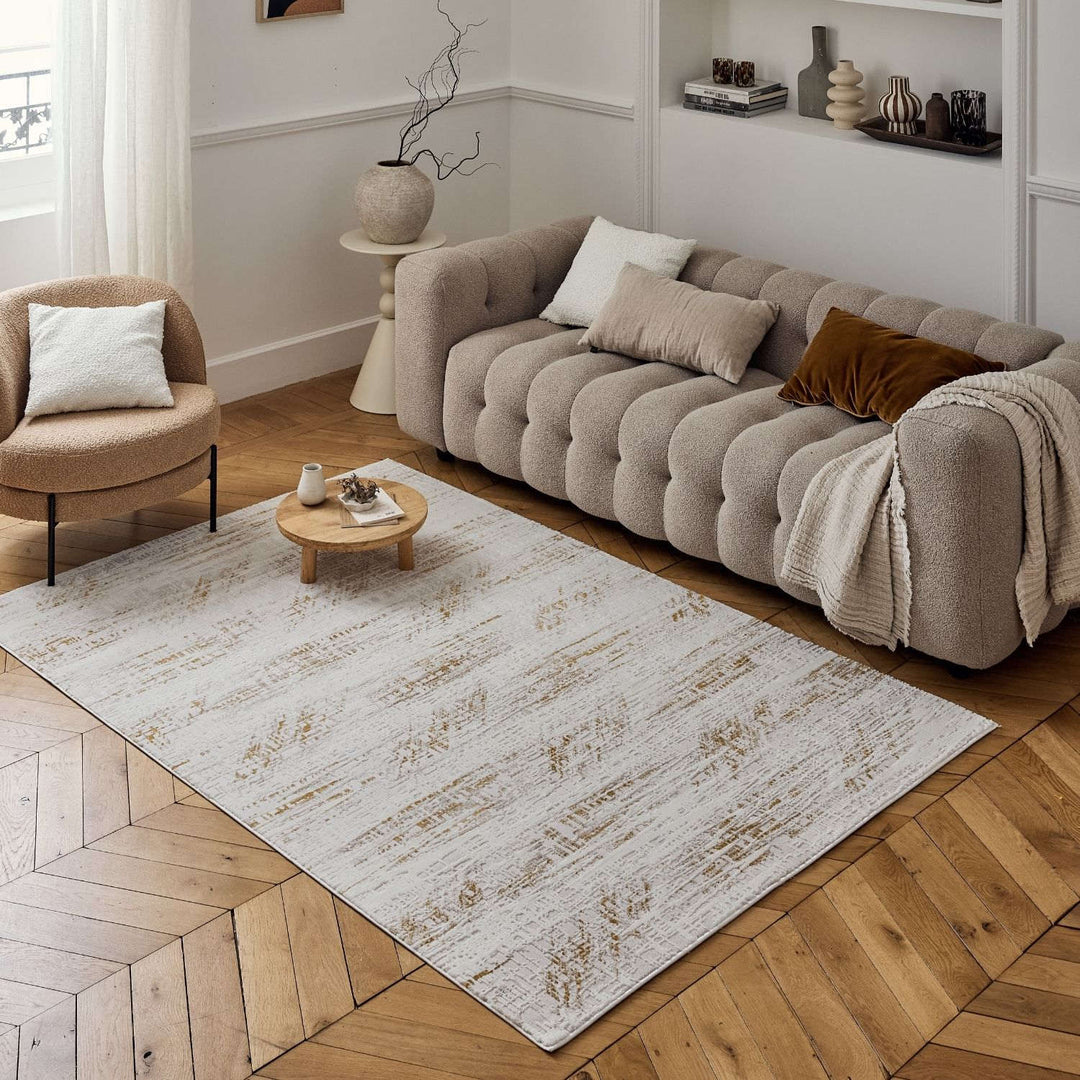 abstract rug, gold-cream colours, anti-allergic, and non-static properties