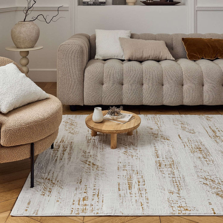 abstract rug, gold-cream colours, anti-allergic, and non-static properties