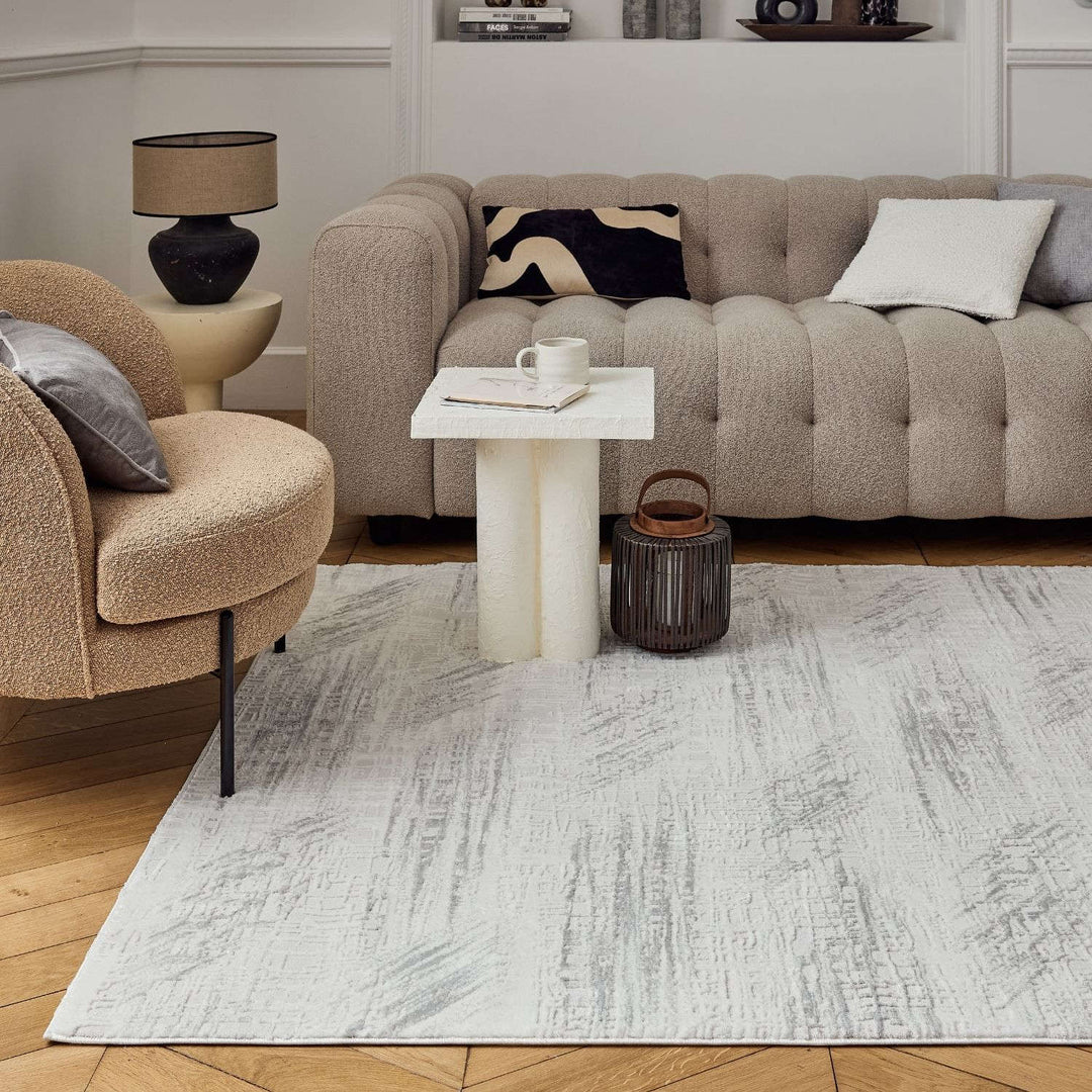 abstract rug, grey-cream colours, anti-allergic, and non-static properties