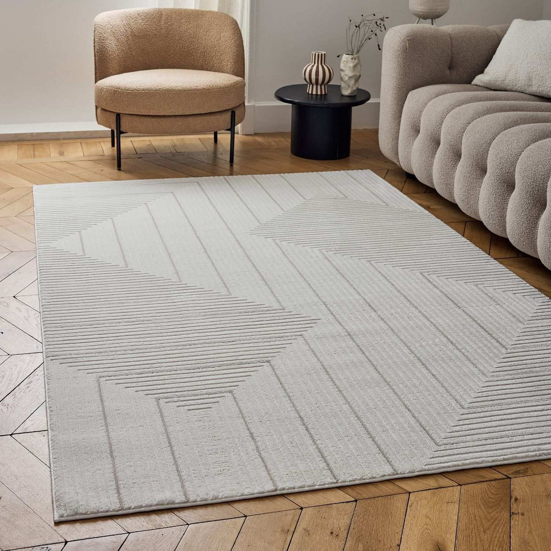 Geometric Living Room rug, beige-cream colours, stain-resistant and non-shedding
