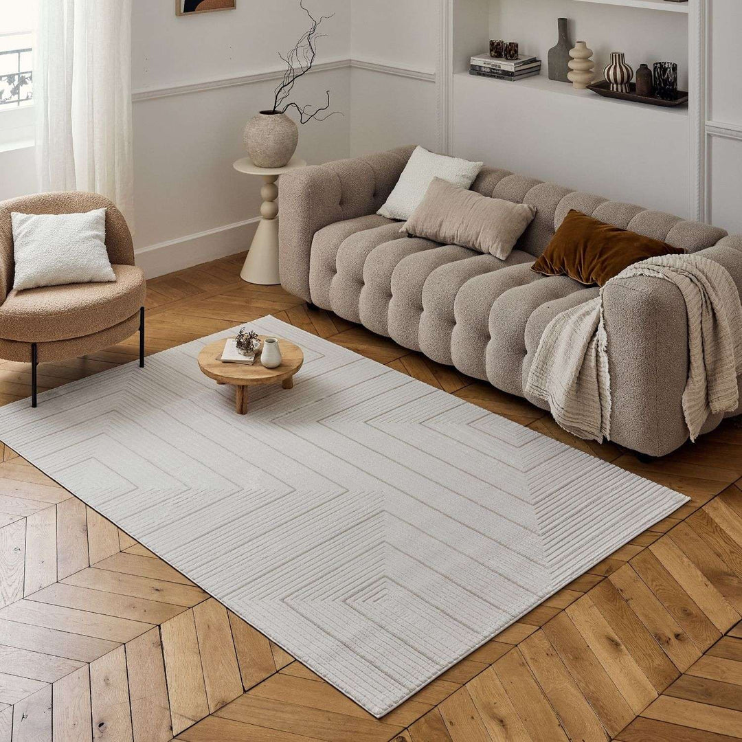 Geometric Living Room rug, beige-cream colours, stain-resistant and non-shedding