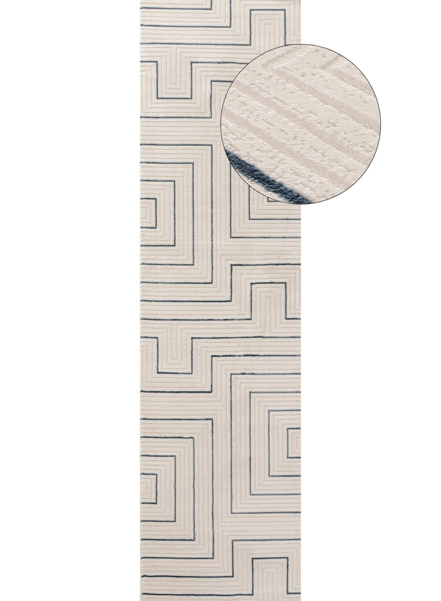 Geometric Living Room rug, blue-cream colours, stain-resistant and non-shedding