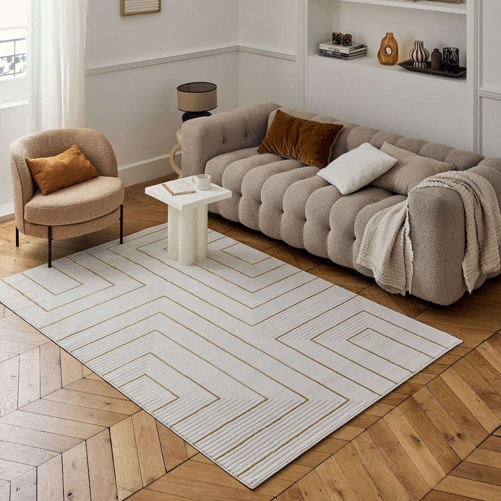 Geometric Living Room rug, gold-cream colours, stain-resistant and non-shedding