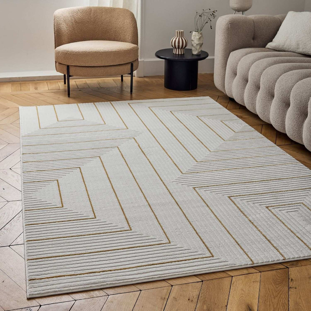 Geometric Living Room rug, gold-cream colours, stain-resistant and non-shedding