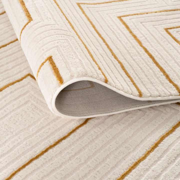 Geometric Living Room rug, gold-cream colours, stain-resistant and non-shedding