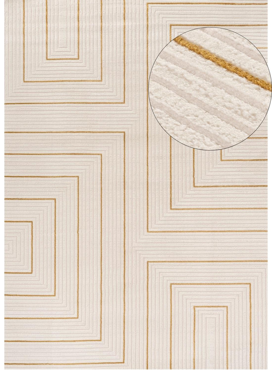 Geometric Living Room rug, gold-cream colours, stain-resistant and non-shedding