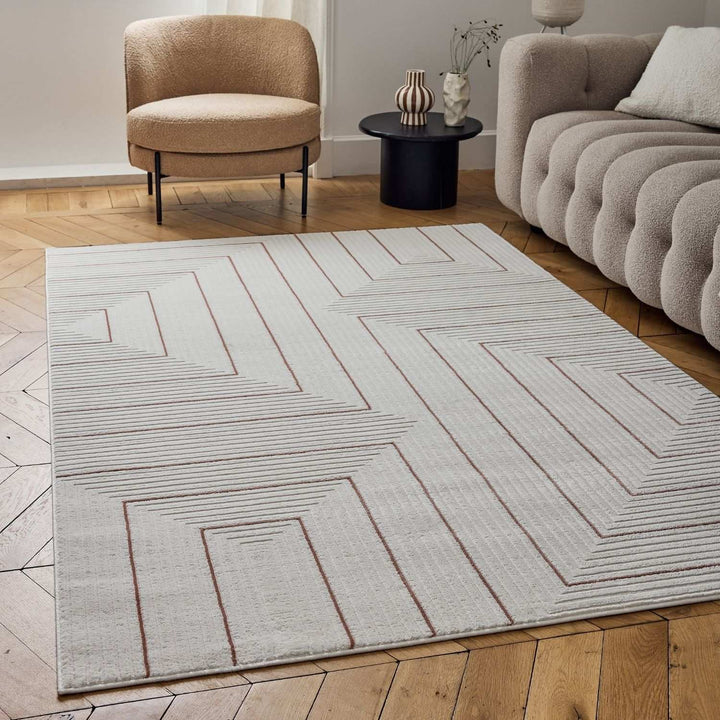 Living Room, perfect mix of clean design, lasting comfort, terra-cream rug.