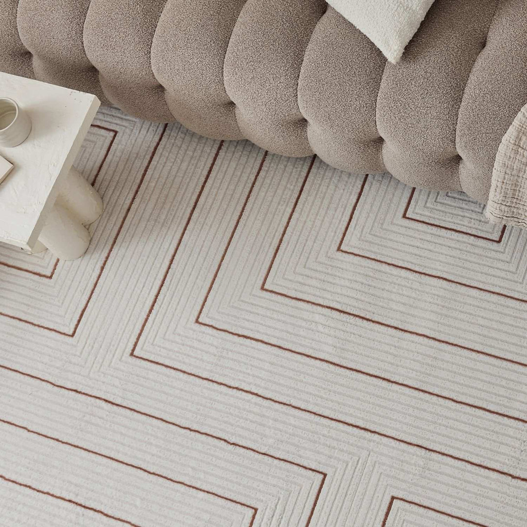 Living Room, perfect mix of clean design, lasting comfort, terra-cream rug.