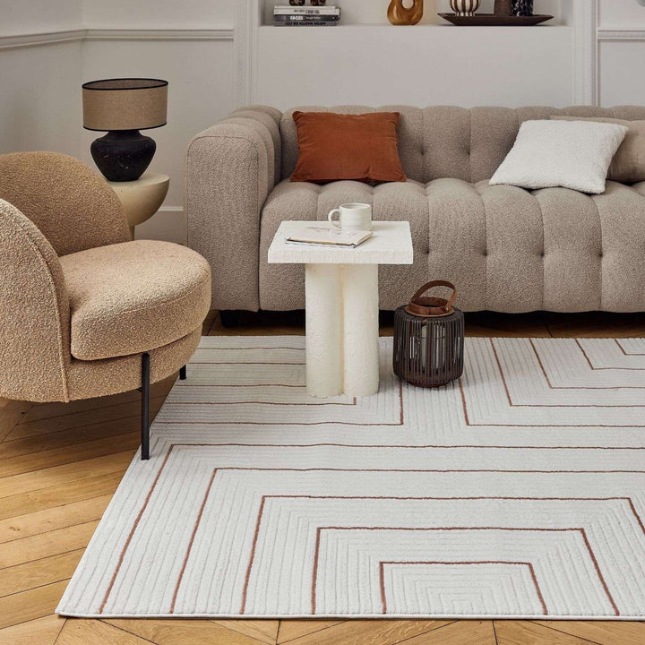 Living Room, perfect mix of clean design, lasting comfort, terra-cream rug.