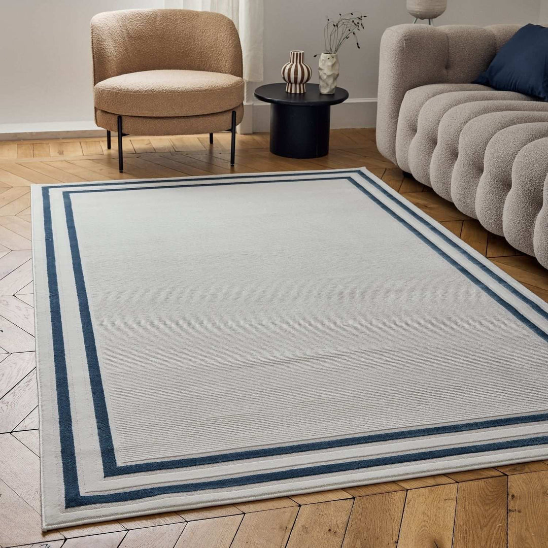 Bordered Living Room rug, blue-cream colours, stain-resistant and non-shedding