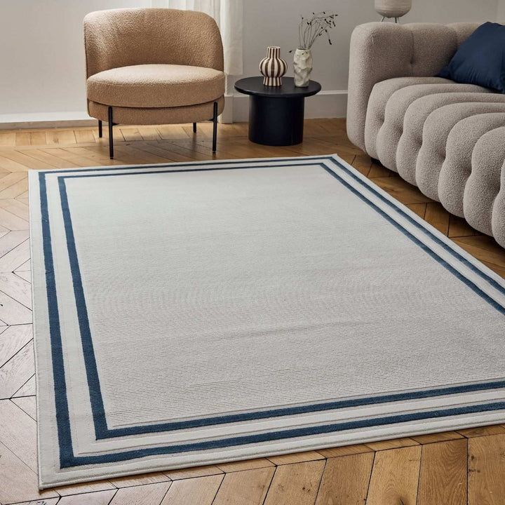 Bordered Living Room rug, blue-cream colours, stain-resistant and non-shedding