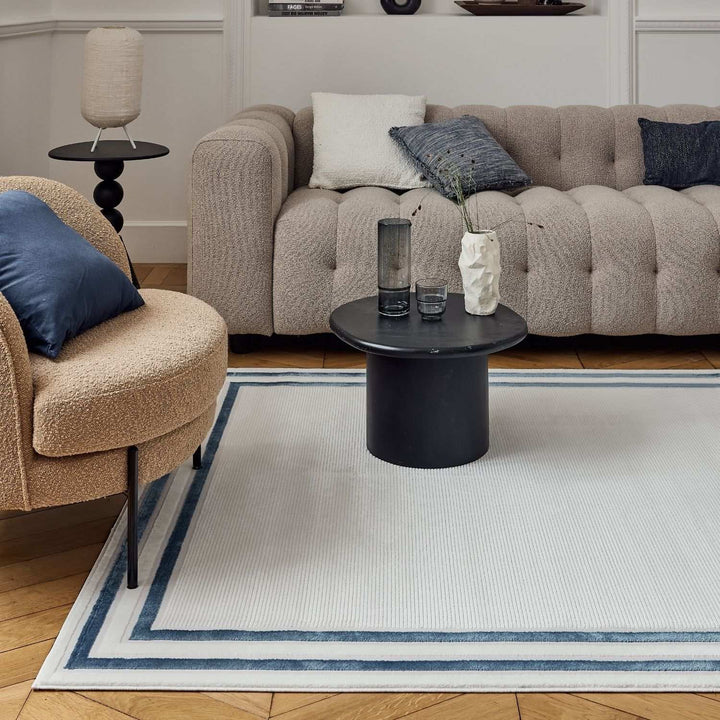 Bordered Living Room rug, blue-cream colours, stain-resistant and non-shedding