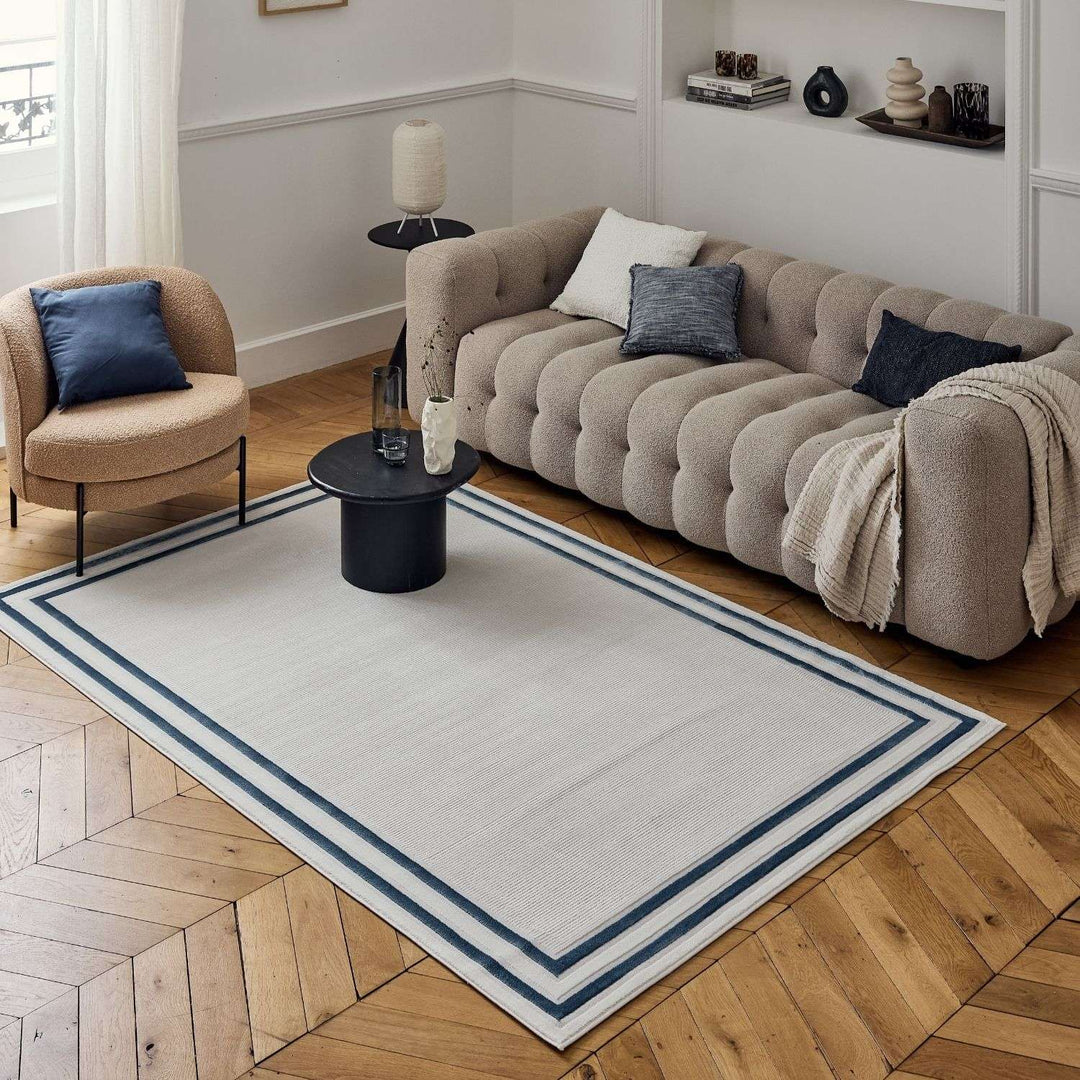Bordered Living Room rug, blue-cream colours, stain-resistant and non-shedding