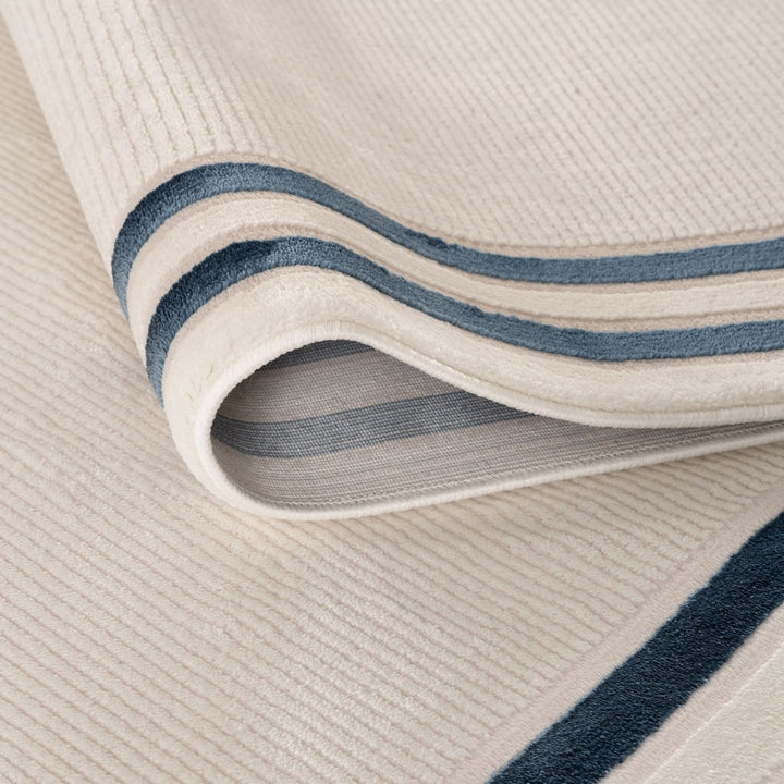 Bordered Living Room rug, blue-cream colours, stain-resistant and non-shedding